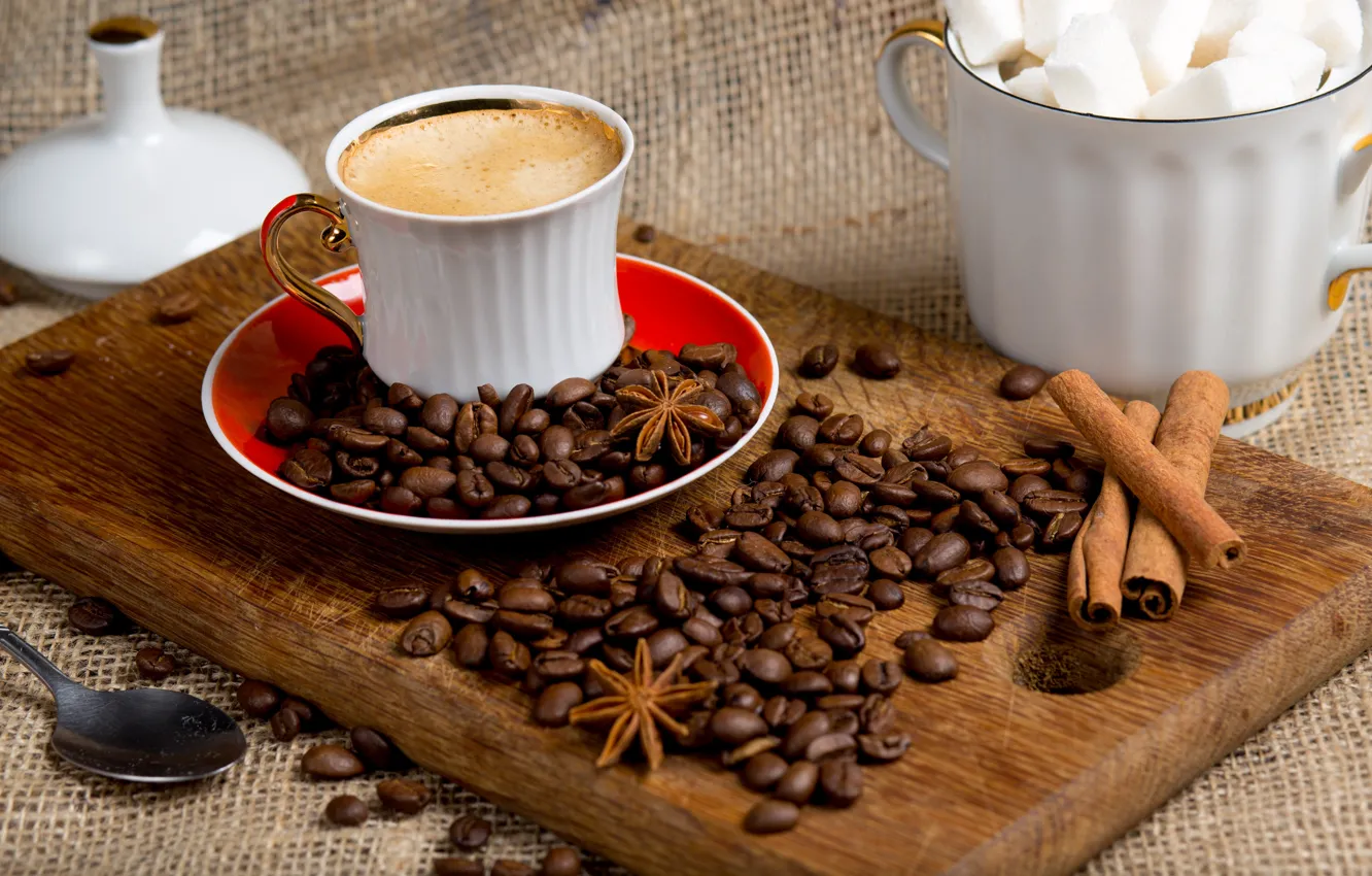 Фото обои кофе, сахар, натюрморт, корица, coffee, пряности, бадьян, анис