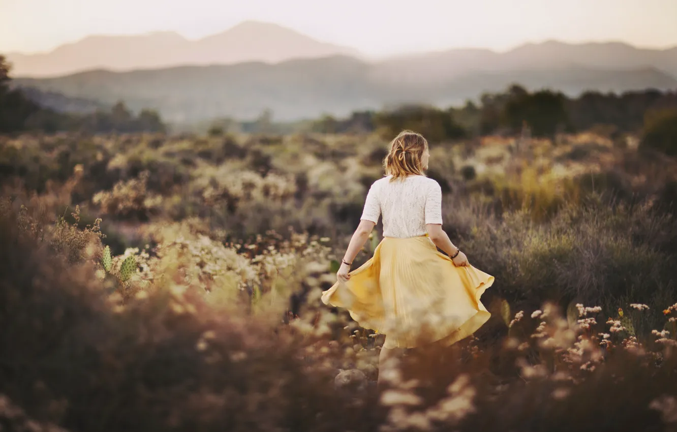 Фото обои поле, трава, девушка, спина, юбка, блузка