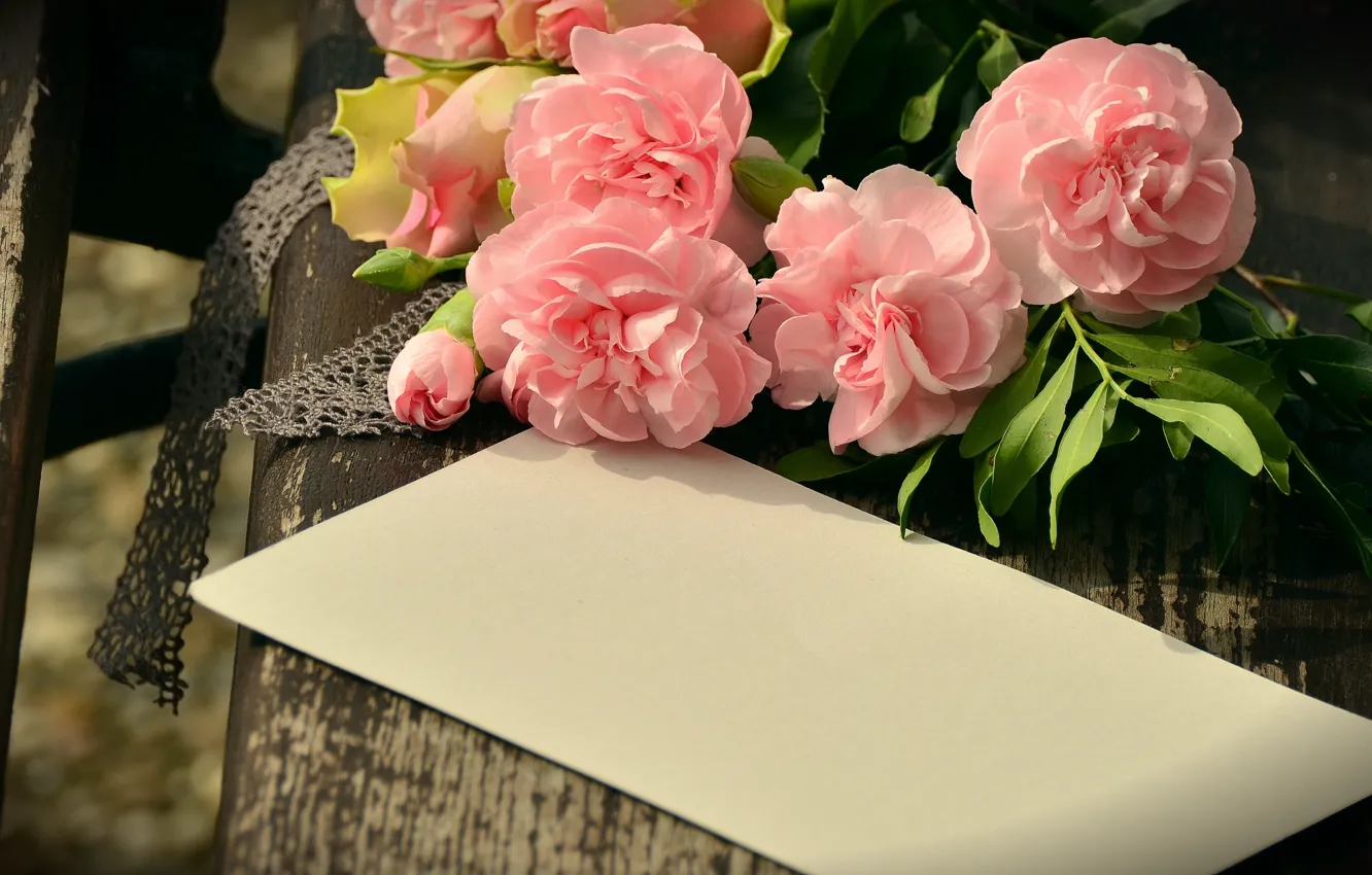 Фото обои цветы, бумага, доски, букет, скамья, конверт, гвоздики