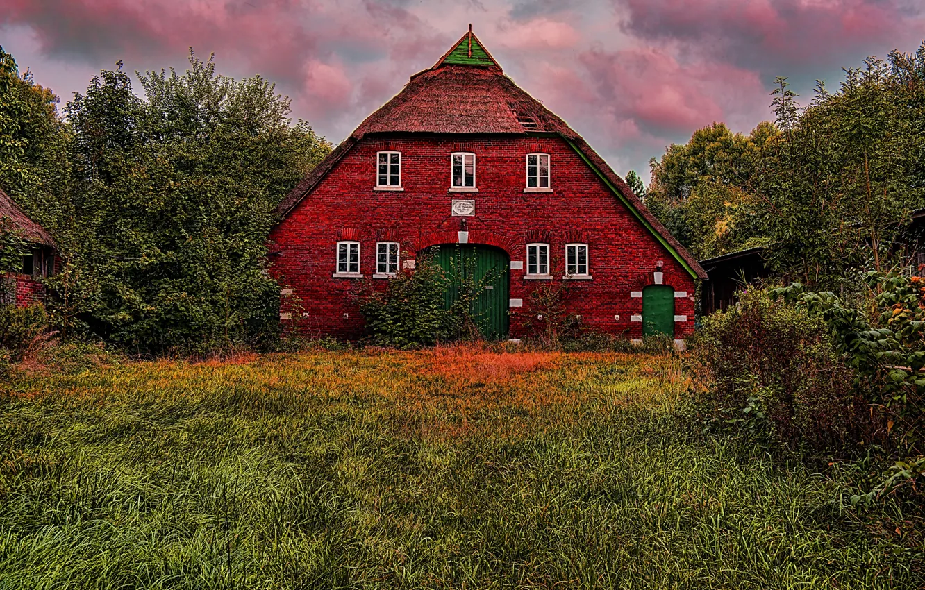 Фото обои зелень, трава, облака, деревья, HDR, дома, Германия, сад