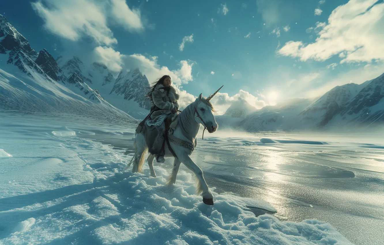 Фото обои зима, белый, девушка, солнце, облака, свет, снег, горы