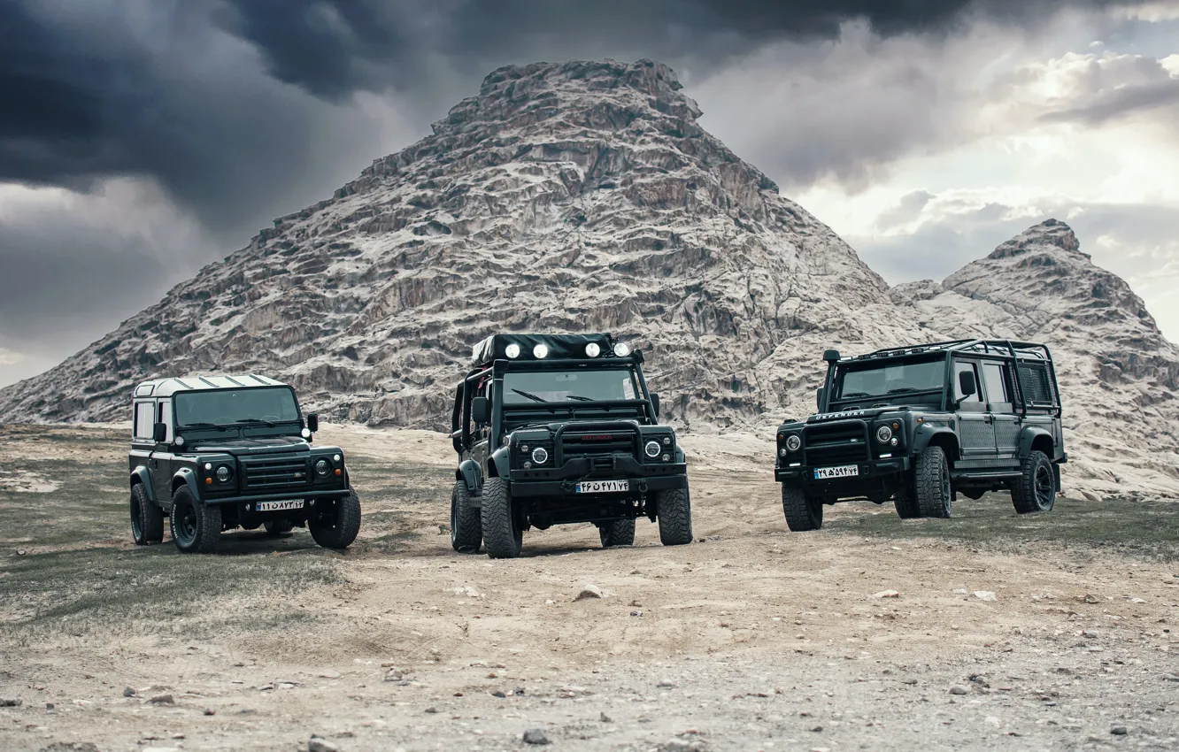 Фото обои Land Rover, Car, Clouds, Defender, Rocks, Offroad