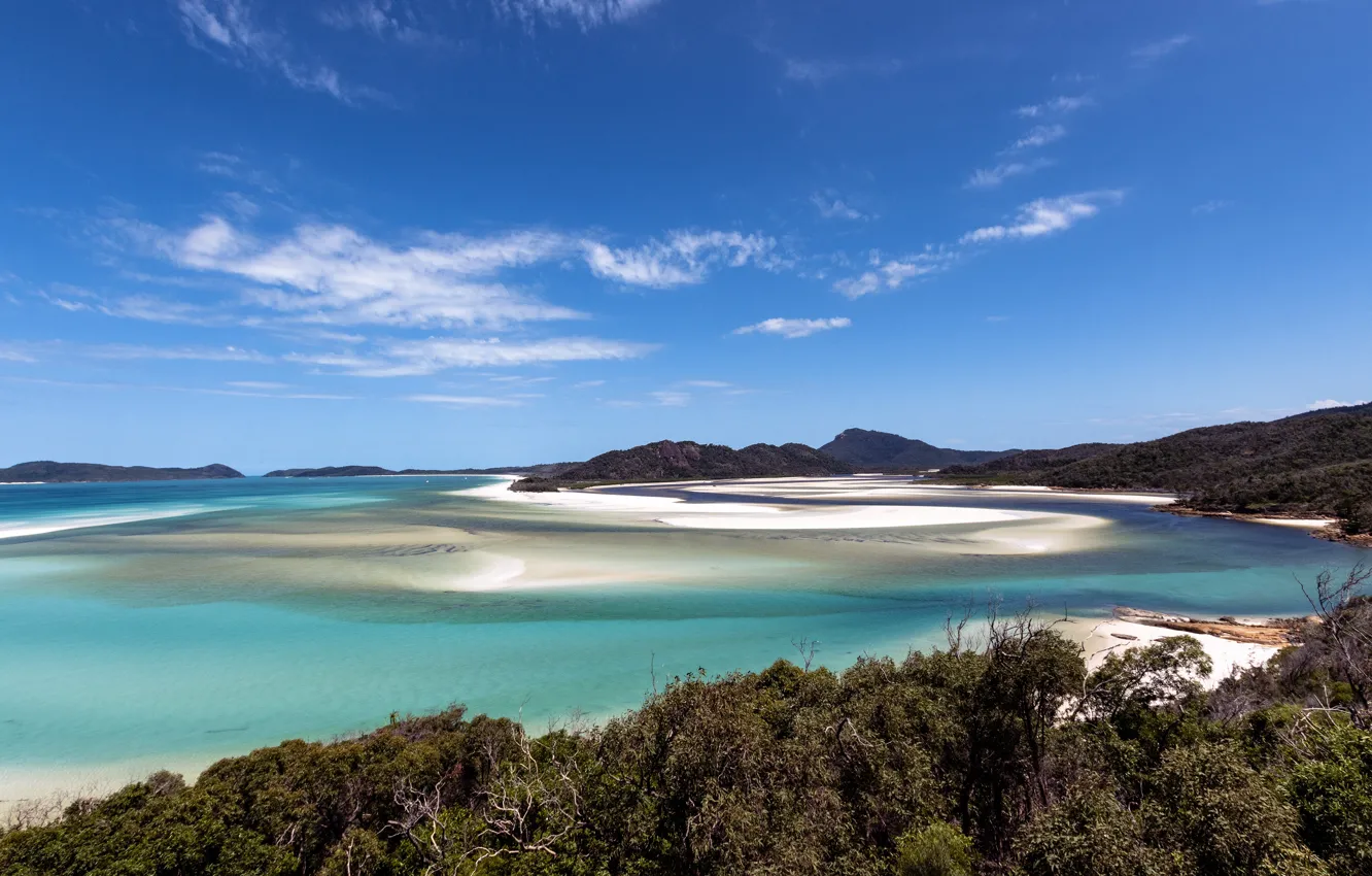Фото обои море, пляж, небо, облака, горы, синева, океан, холмы