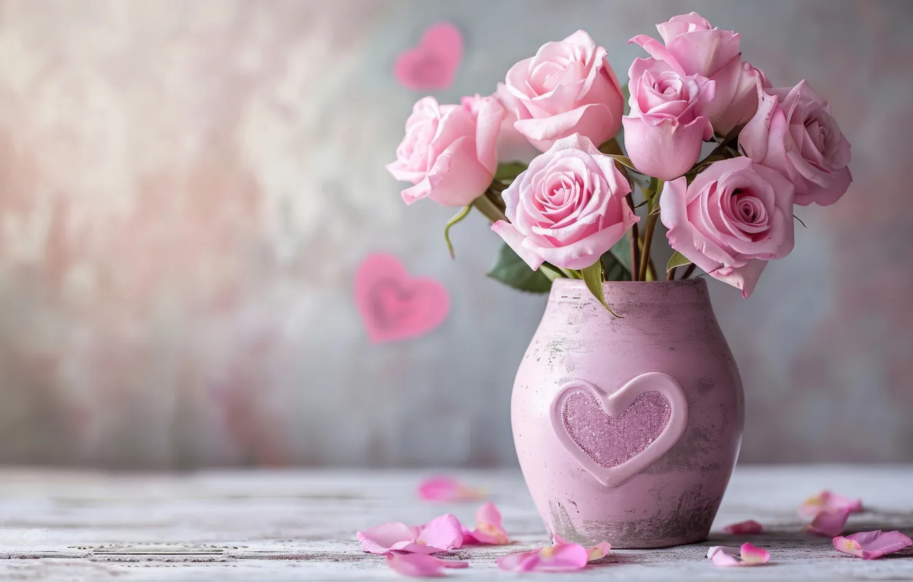 Фото обои цветы, стол, праздник, сердце, розы, букет, лепестки, ваза