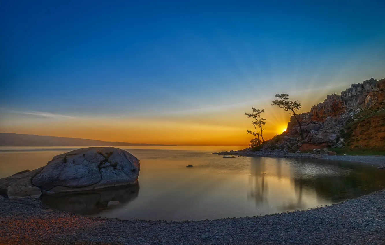 Фото обои деревья, скала, озеро, восход, рассвет, камень, Россия, озеро Байкал