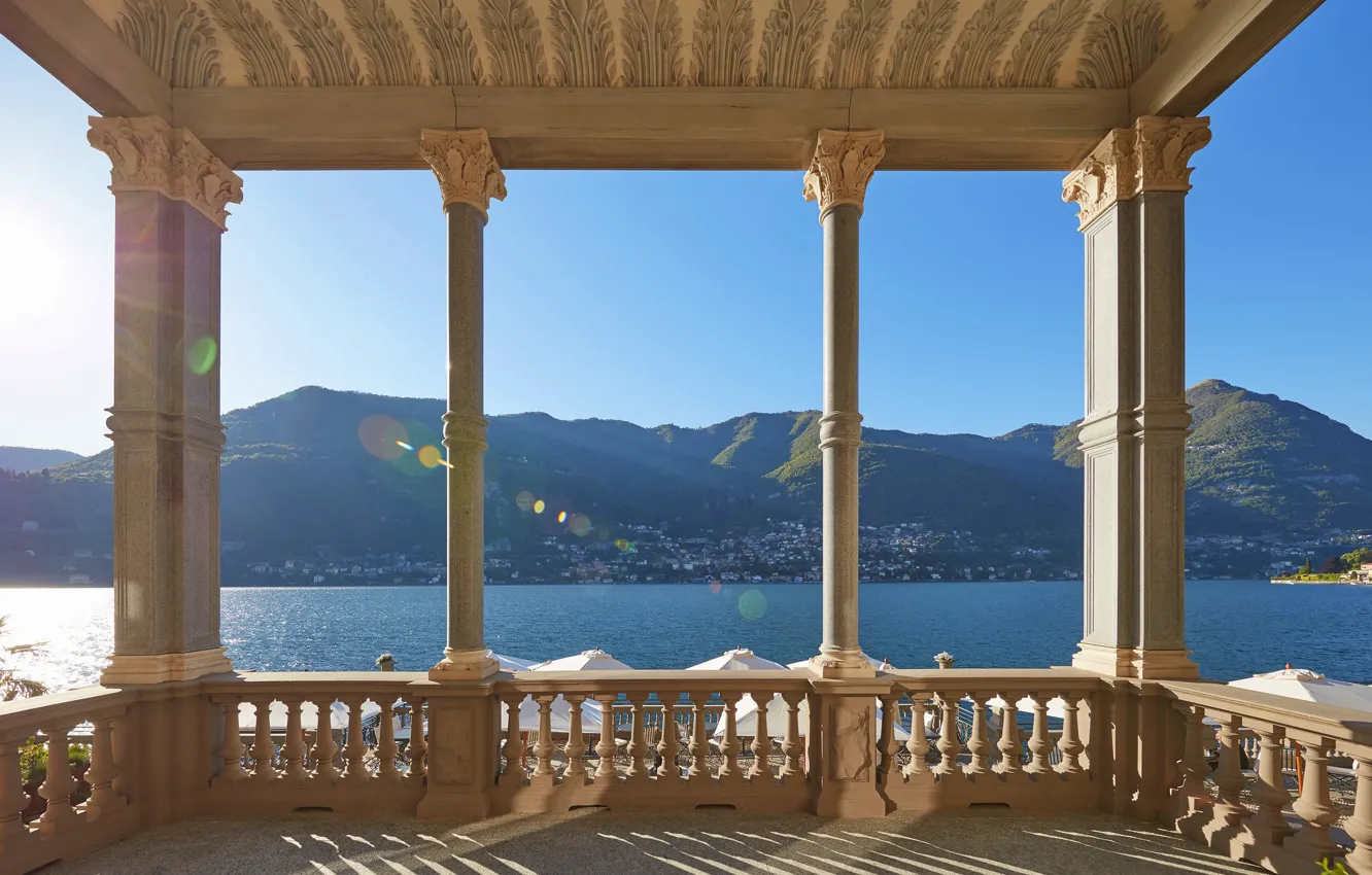 Фото обои озеро, Италия, колонны, отель, терраса, Комо, Mandarin Oriental, Блевио