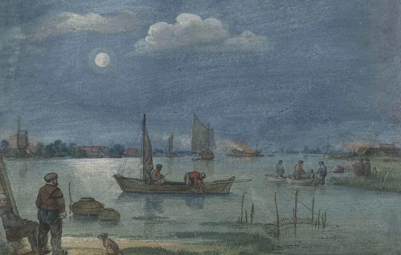 Фото обои рисунок, Хендрик Аверкамп, Hendrick Avercamp, Рыбаки в лунном свете