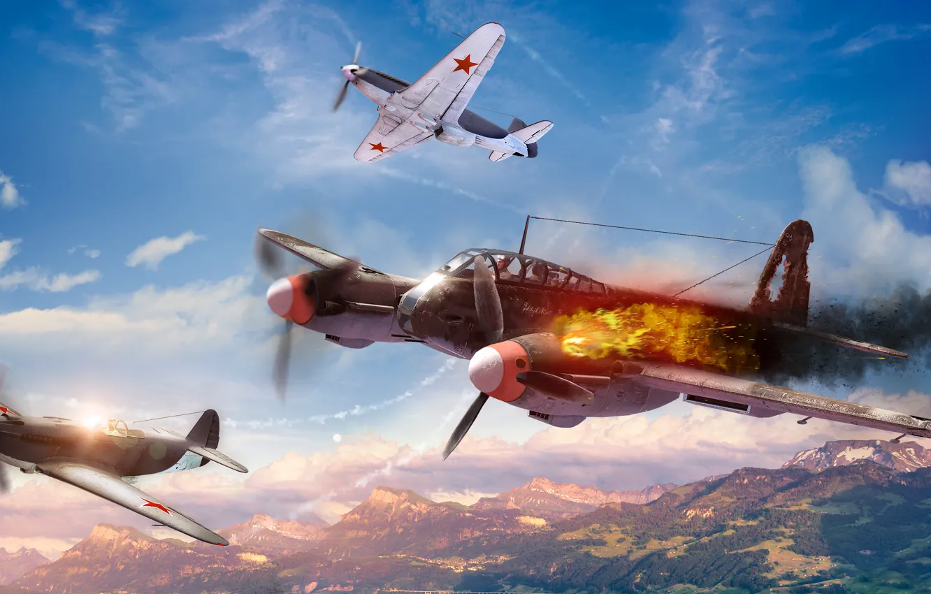 Фото обои небо, облака, самолет, война, истребитель, як-3, war thunder, Ме-410
