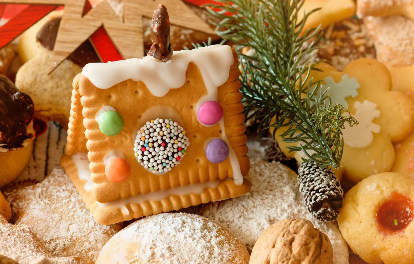 Фото обои зима, праздник, ветка, печенье, орех, Рождество, Новый год, домик