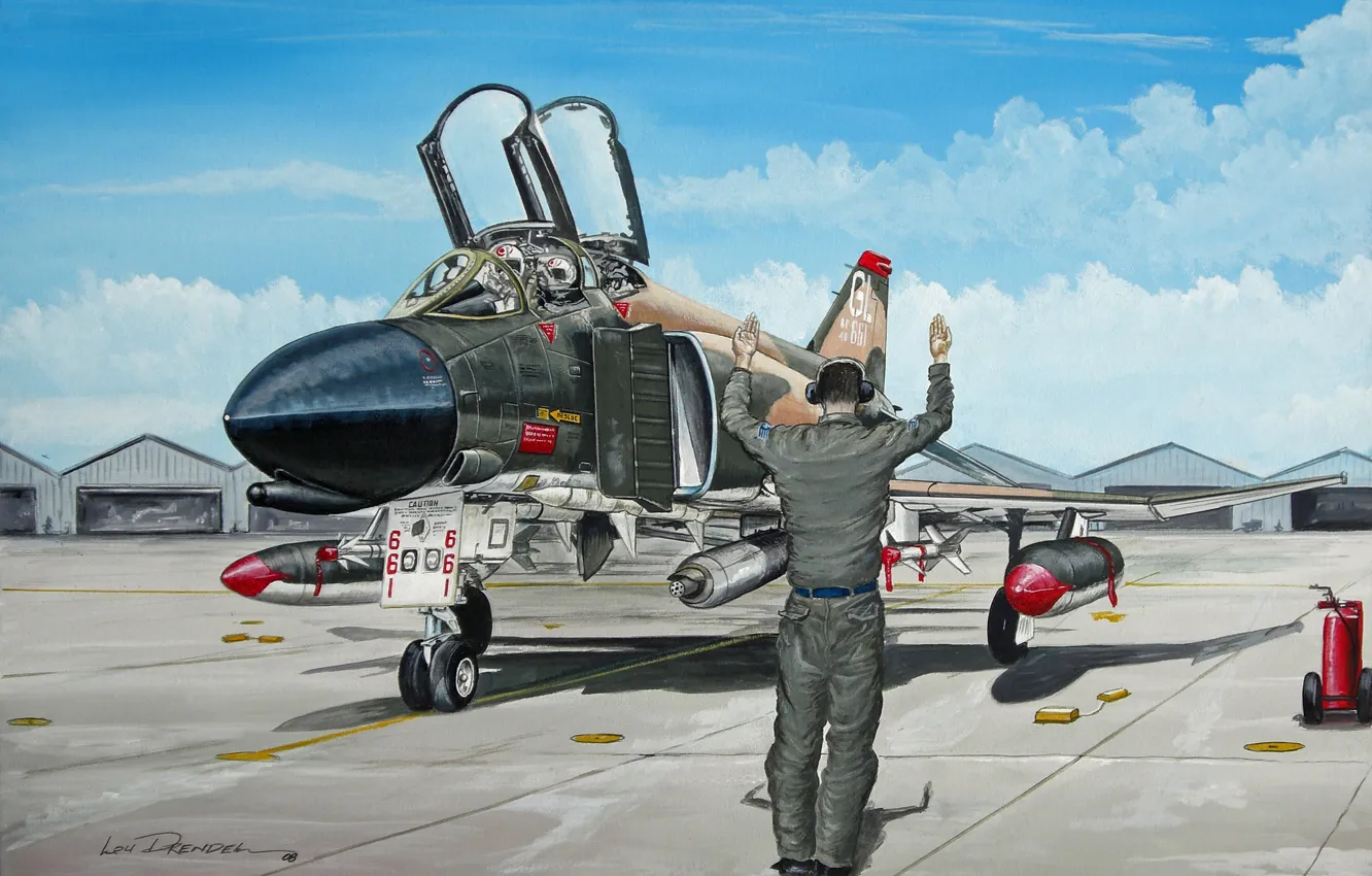 Фото обои поле, рисунок, аэродром, F-4, пилоты, многоцелевой, истребитель-перехватчик, ангары