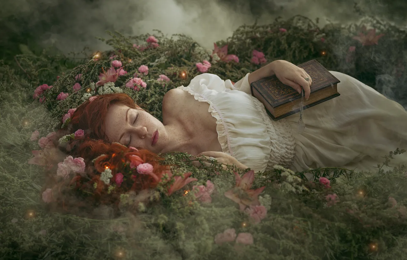 Фото обои девушка, цветы, природа, туман, сон, платье, веснушки, книга