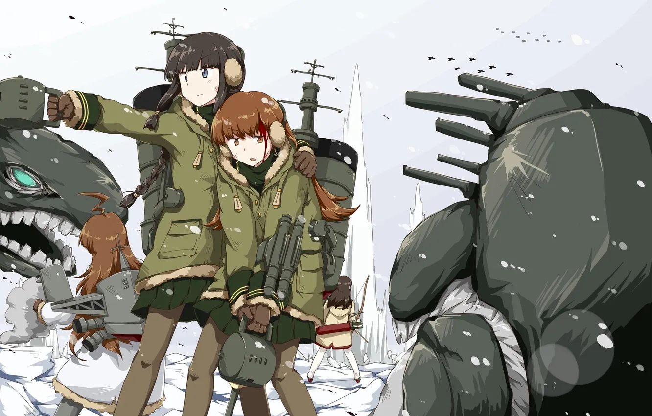 Фото обои зима, снег, оружие, девушки, кровь, аниме, арт, монстры