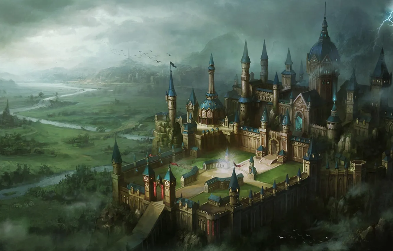 Фото обои река, замок, молния, вид, долина, арт, крепость