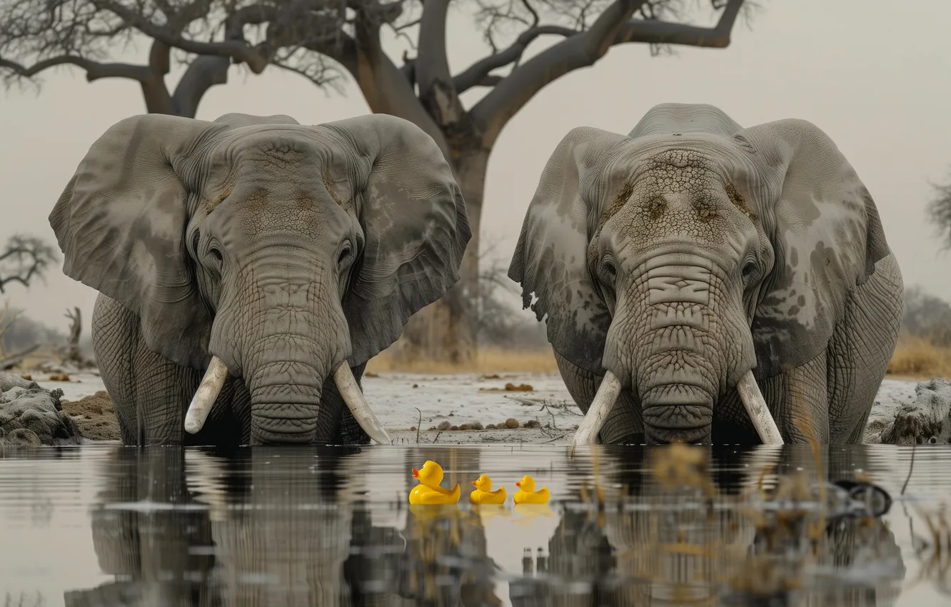 Фото обои вода, утки, слоны, парочка, утята, нейросеть