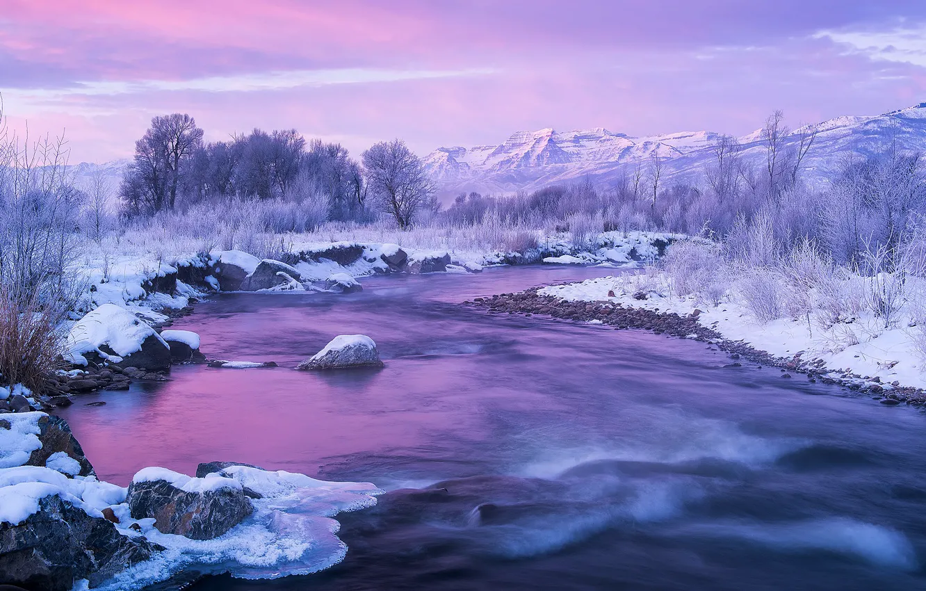 Фото обои зима, снег, горы, лёд, США, штат Юта, река Прово