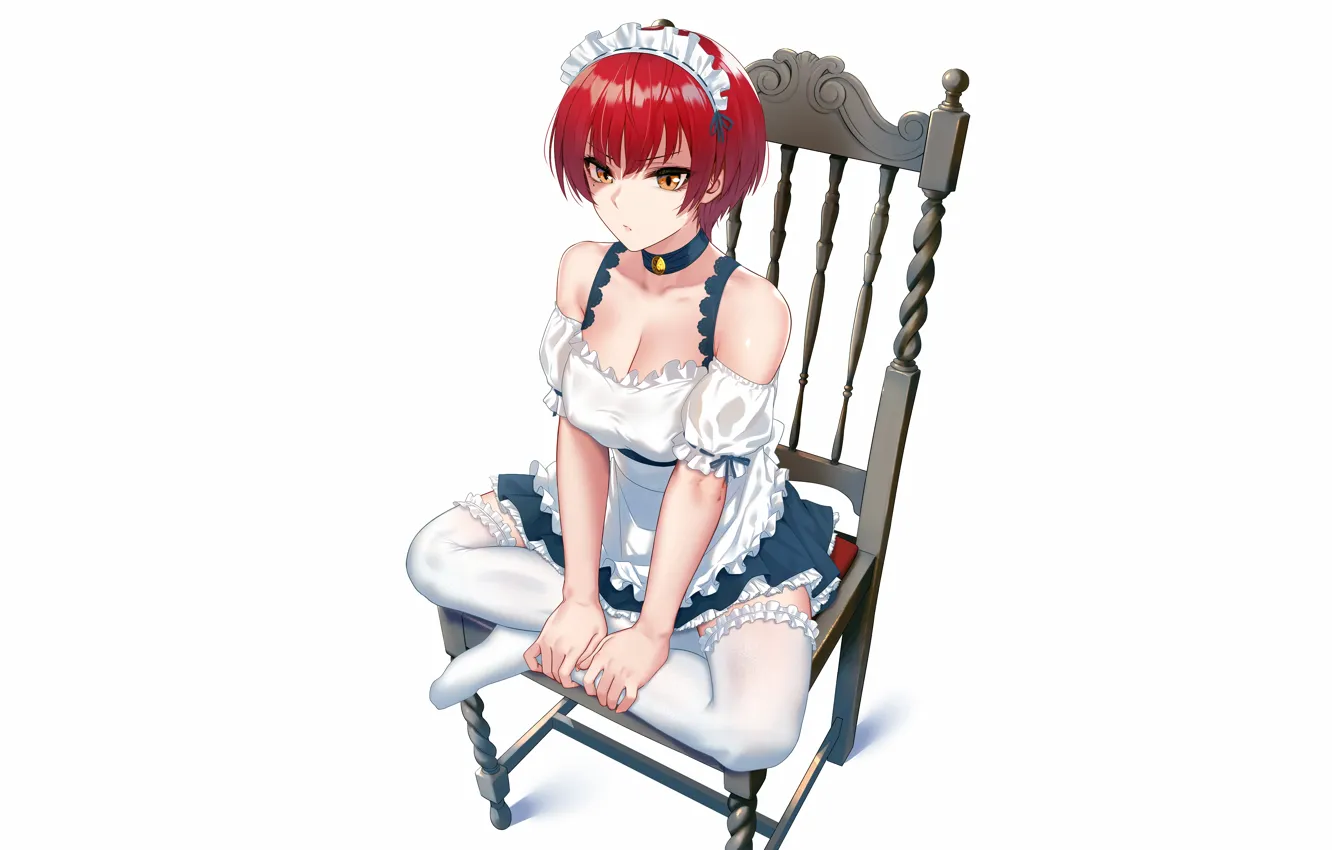Фото обои girl, sexy, cleavage, thighhighs, red hair, dress, boobs, anime