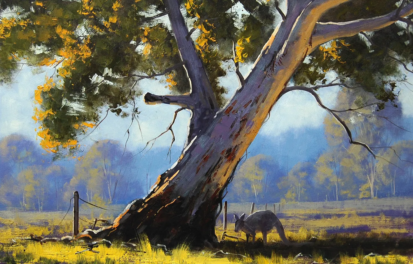 Фото обои ветки, природа, дерево, животное, забор, арт, кенгуру, австралия