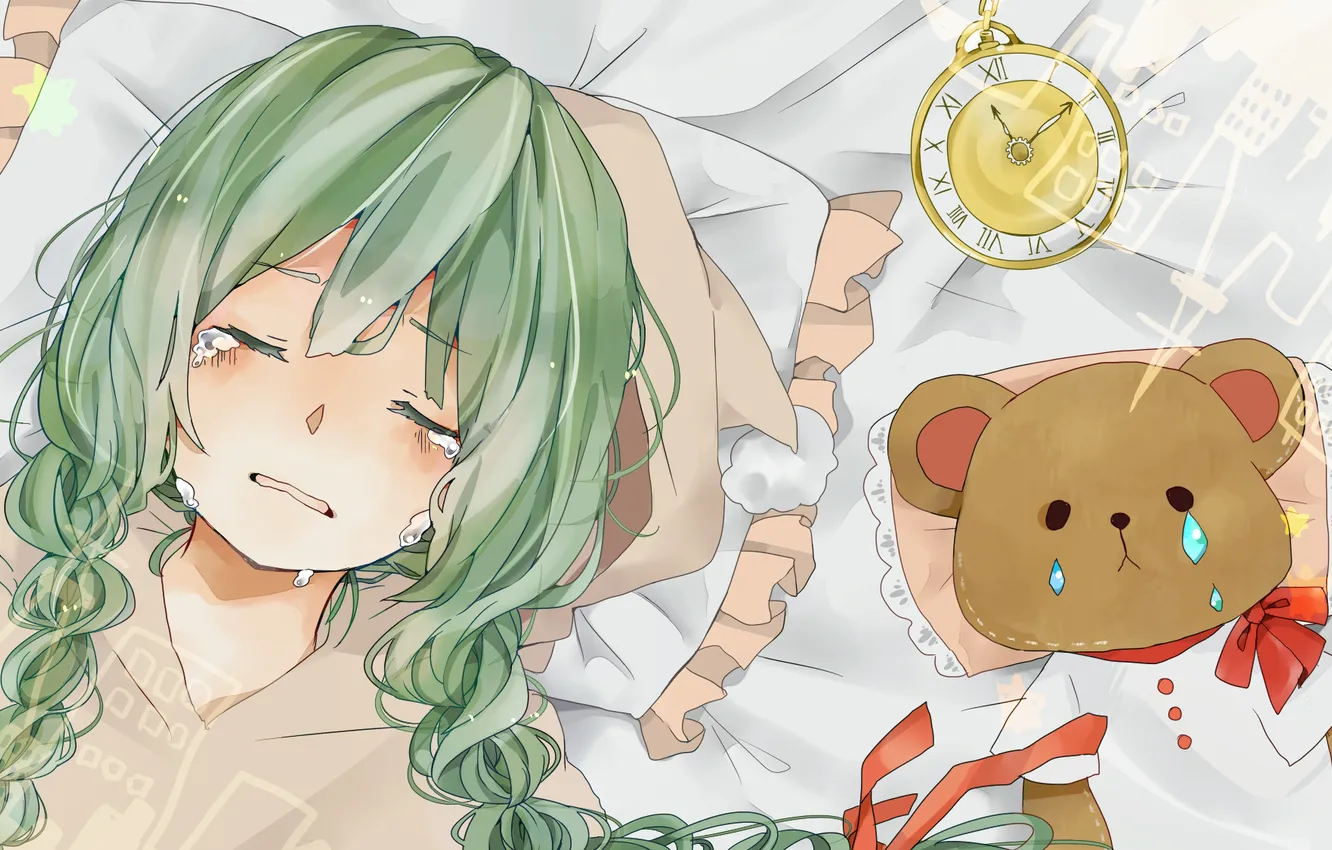 Фото обои игрушка, часы, слезы, арт, мишка, девочка, vocaloid, hatsune miku