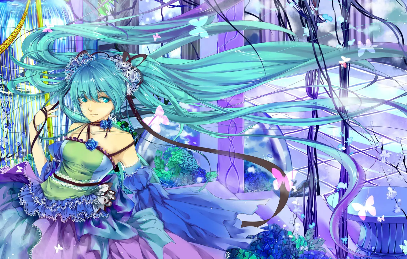 Фото обои девушка, платье, vocaloid, hatsune miku, жест, столик, вокалоид, art