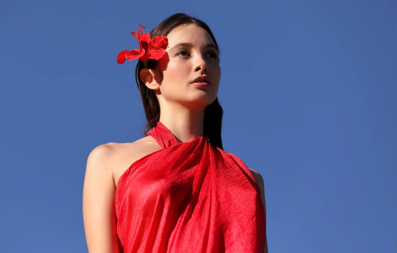 Фото обои awesome, blue sky, lovely, pretty girl, red top, red flower, beautiful face, sexy brunette