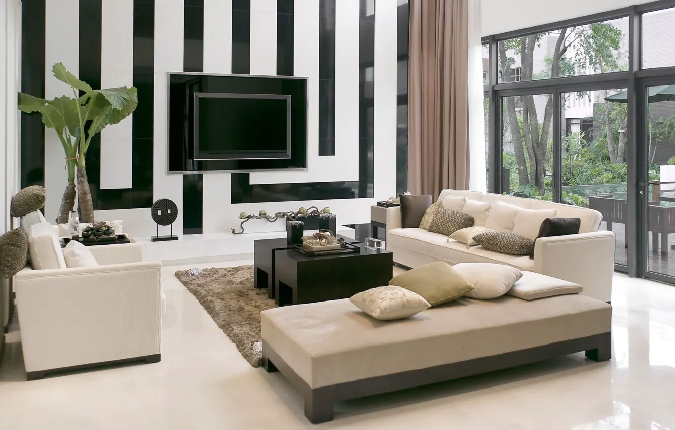 Фото обои стиль, полосы, комната, диван, растение, телевизор, окно