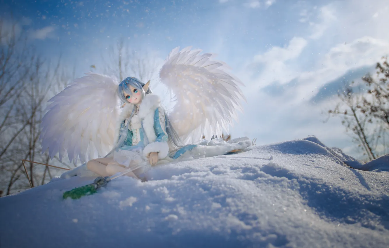 Фото обои зима, снег, игрушка, крылья, кукла