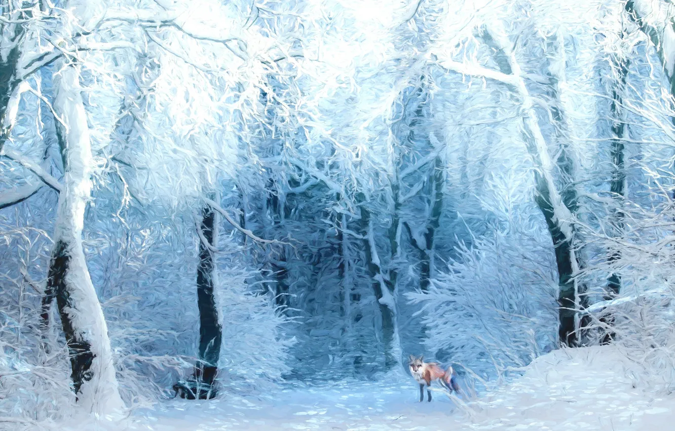 Фото обои зима, лес, снег, деревья, ветки, лиса