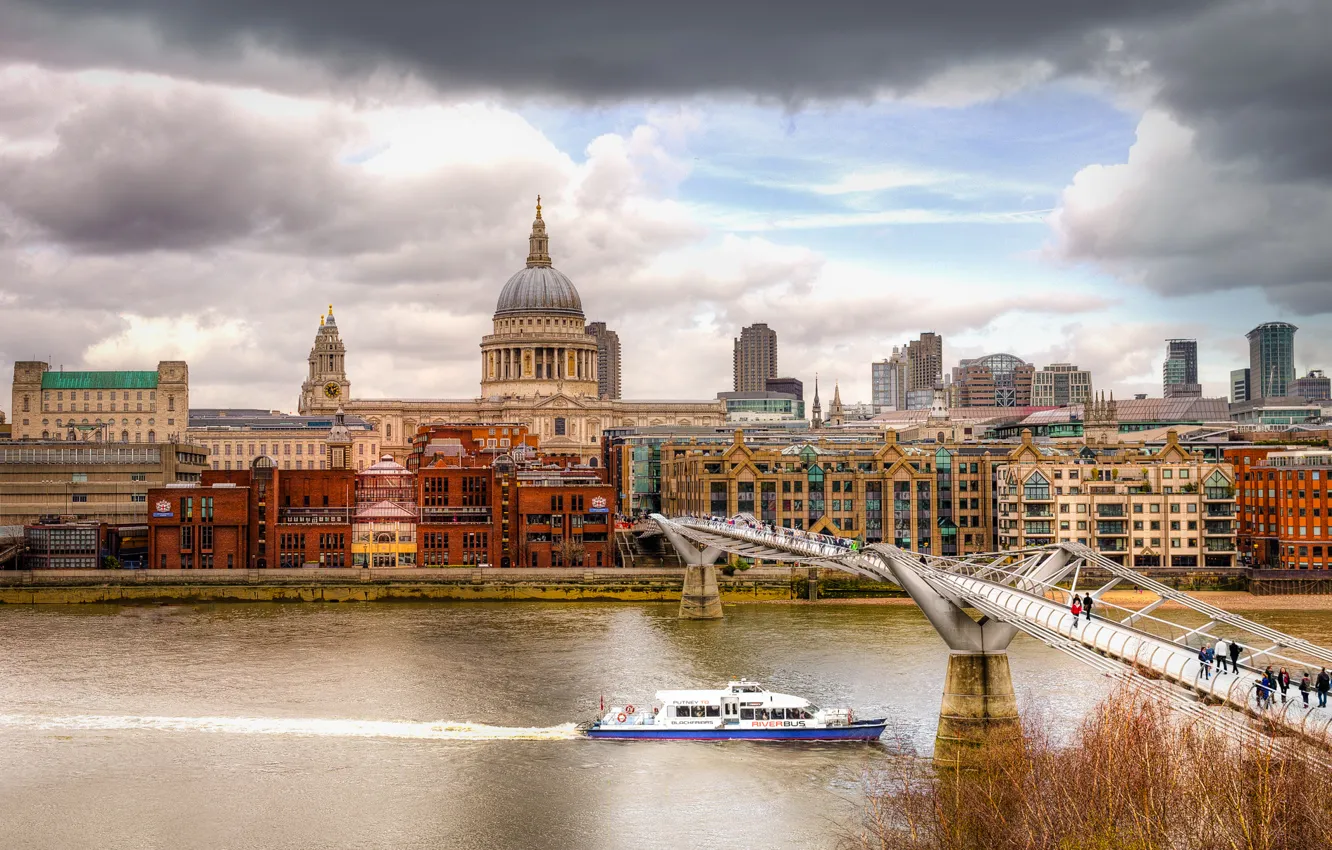Фото обои осень, небо, тучи, мост, река, люди, дома, лондон