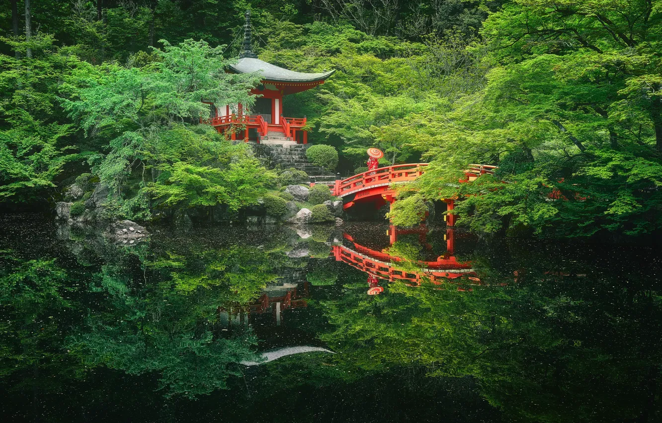 Фото обои озеро, человек, зонт, Весна, Япония, пагода, мостик