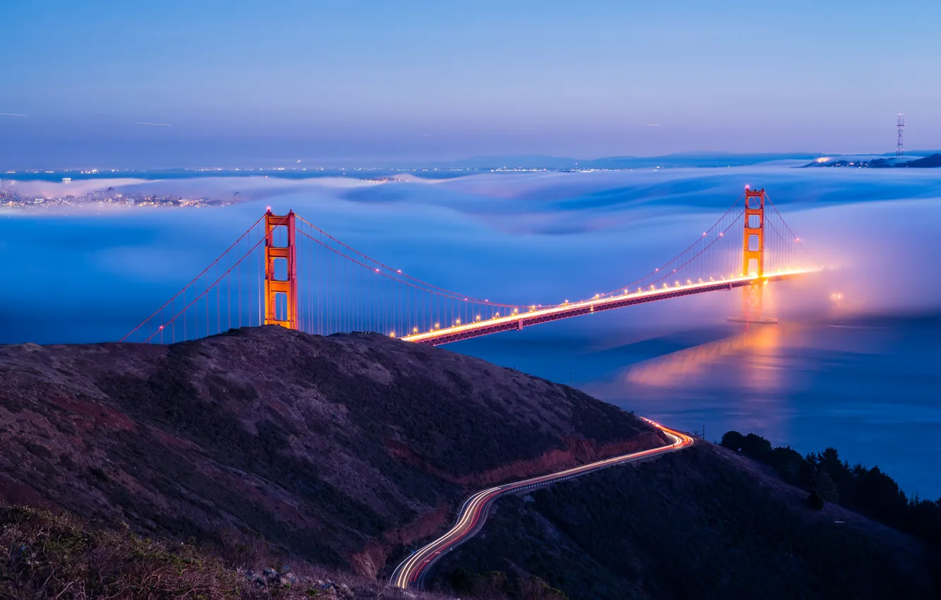 Фото обои огни, туман, вечер, Сан-Франциско, США, мост Золотые Ворота