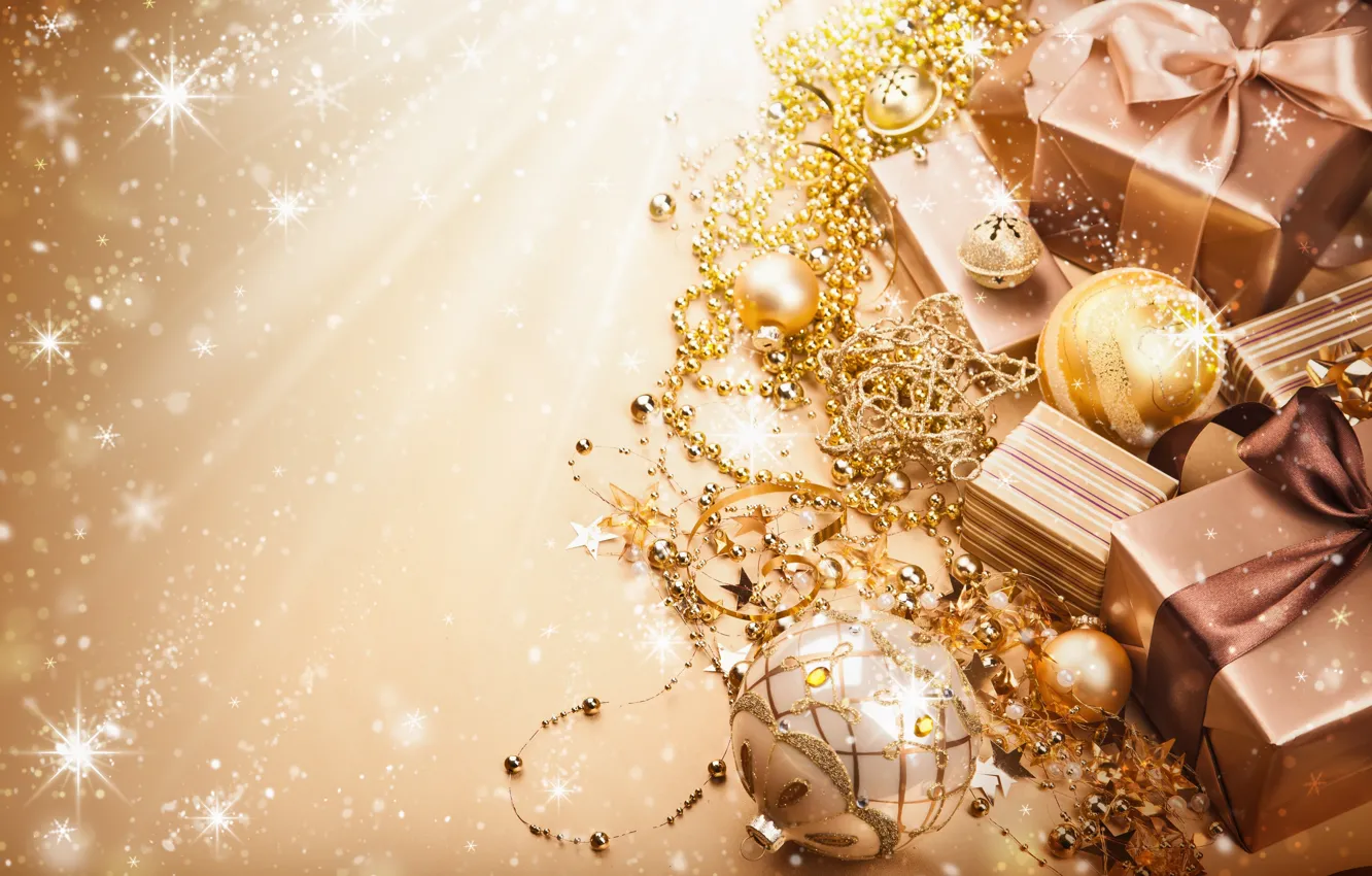 Фото обои шарики, ленты, золото, шары, Новый Год, Рождество, подарки, декорации