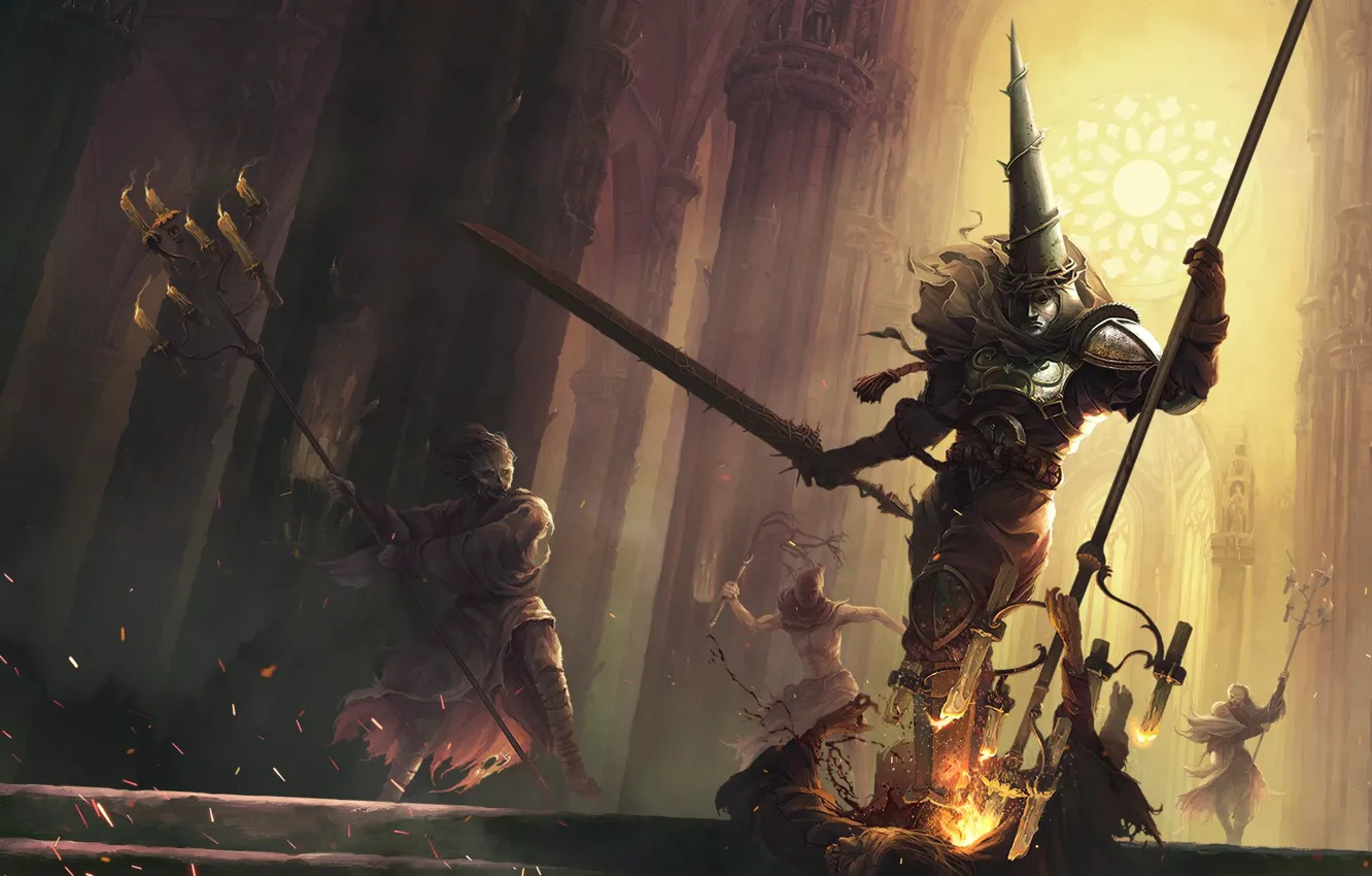 Фото обои dark, sword, fantasy, cathedral, armor, battle, digital art, fighting