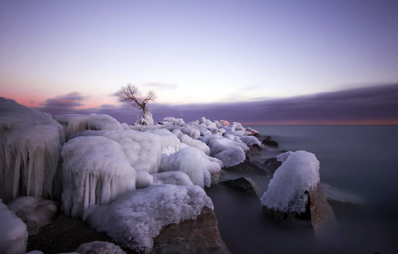 Фото обои зима, море, закат, лёд