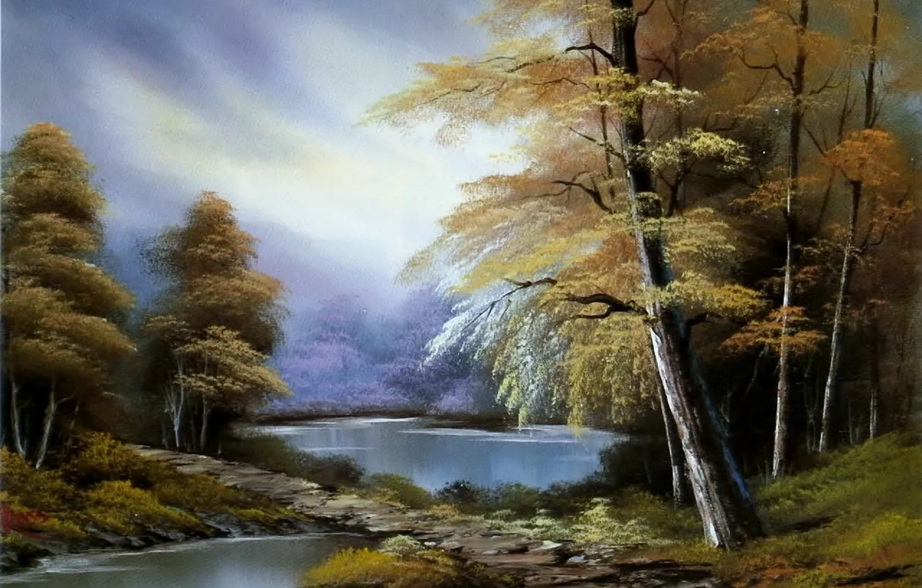 Фото обои осень, лес, небо, вода, деревья, пейзаж, картина, живопись