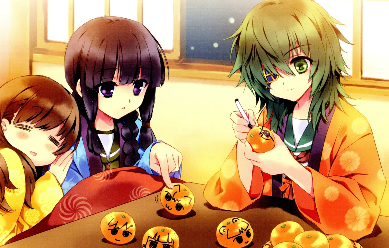 Фото обои девочки, окно, кимоно, зеленые волосы, art, подруги, мандарины, повязка на глаз