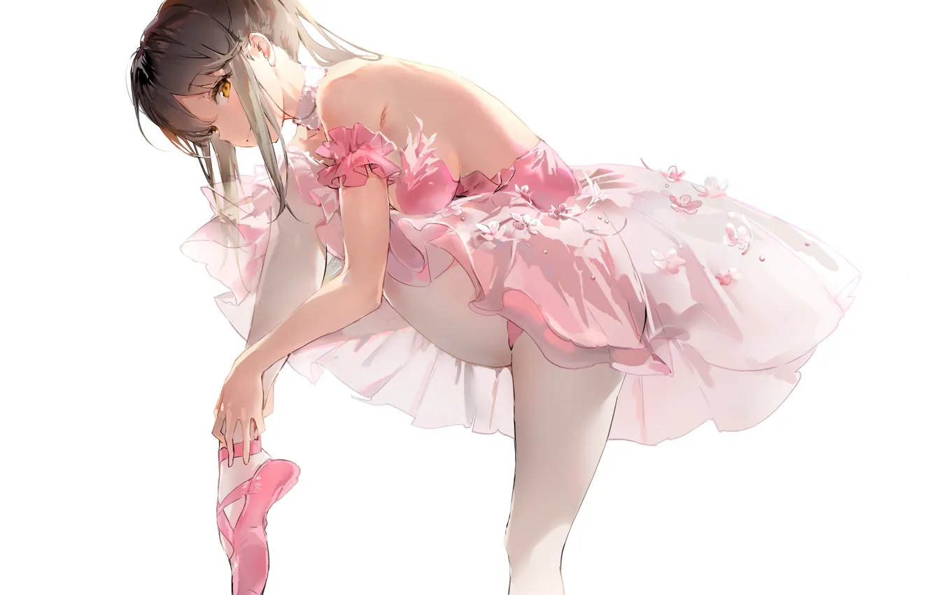 Фото обои декольте, белый фон, корсет, балерина, желтые глаза, пуанты, розовое платье, by Anmi
