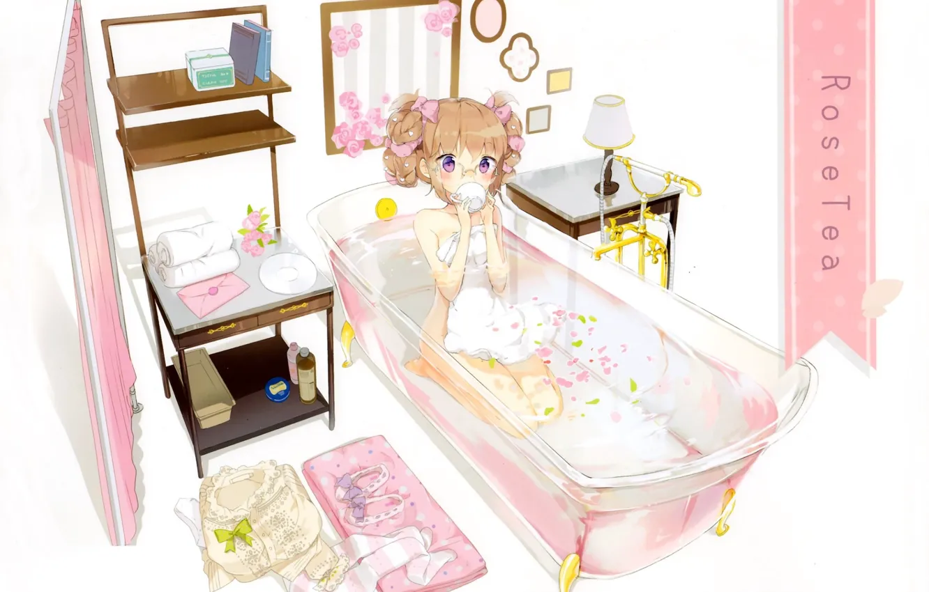 Фото обои чаепитие, шторы, полотенца, в очках, в ванне, настольная лампа, by Anmi