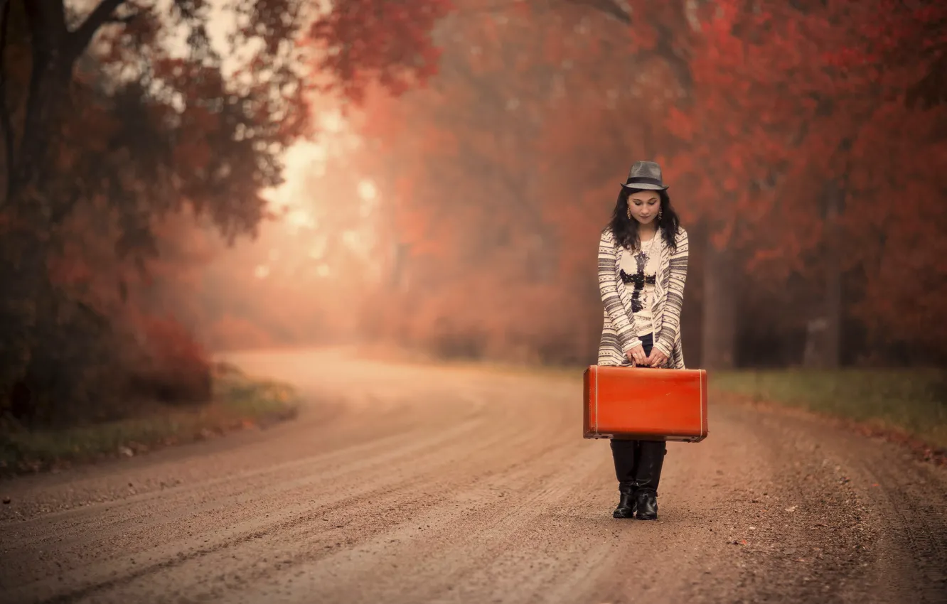 Фото обои дорога, осень, девушка, чемодан, ожидание