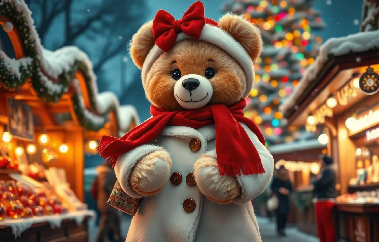 Фото обои дорога, город, огни, улица, игрушка, новый год, шарф, Рождество