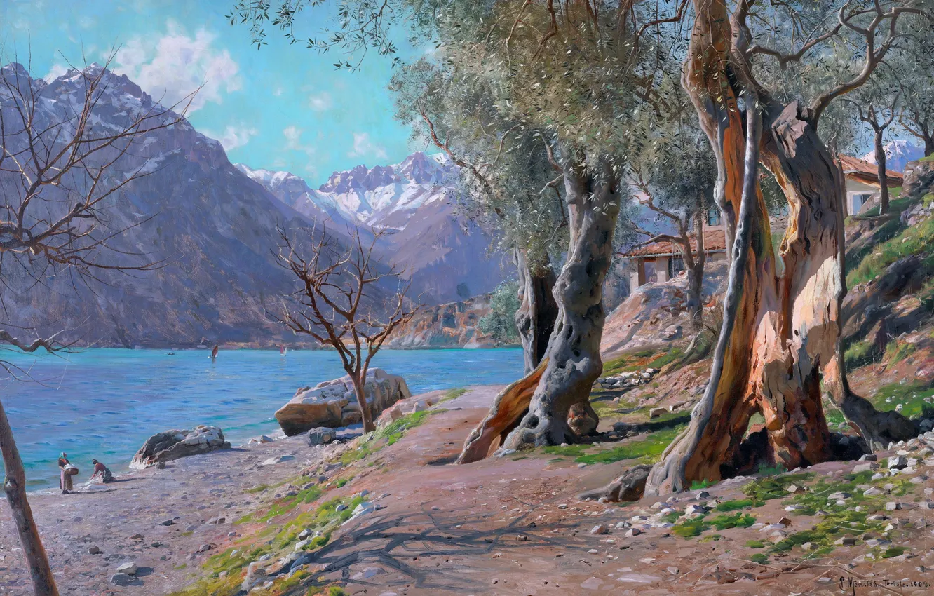 Фото обои Горы, Озеро, Деревья, Картина, Peder Mork Monsted, Петер Мёрк Мёнстед, Peder Mørk Mønsted, Датский живописец