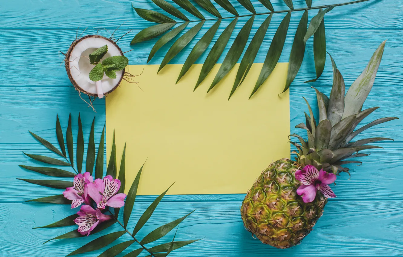 Фото обои листья, цветы, кокос, ананас, flowers, leaves, pineapple, coconut