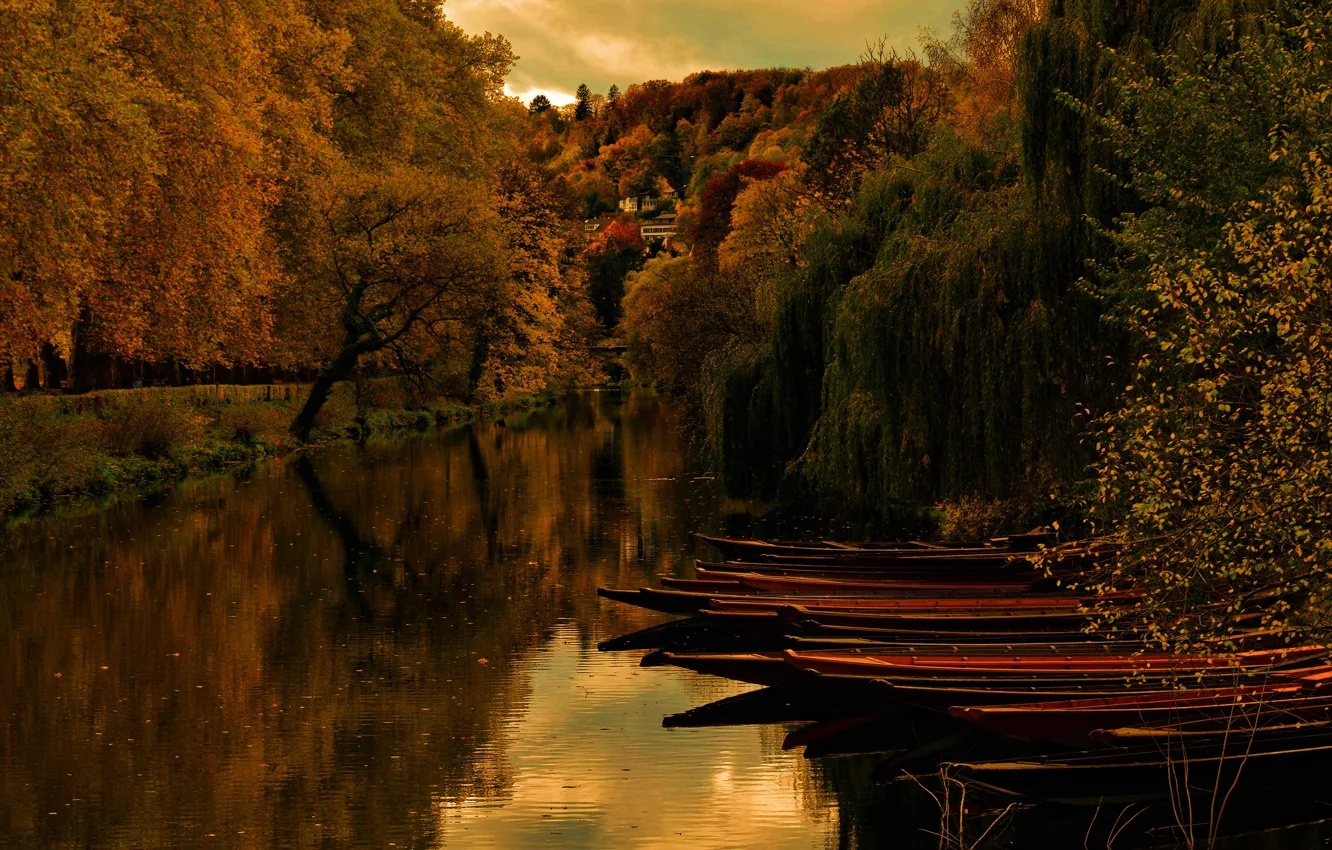 Фото обои осень, деревья, пейзаж, природа, отражение, река, холмы, берег