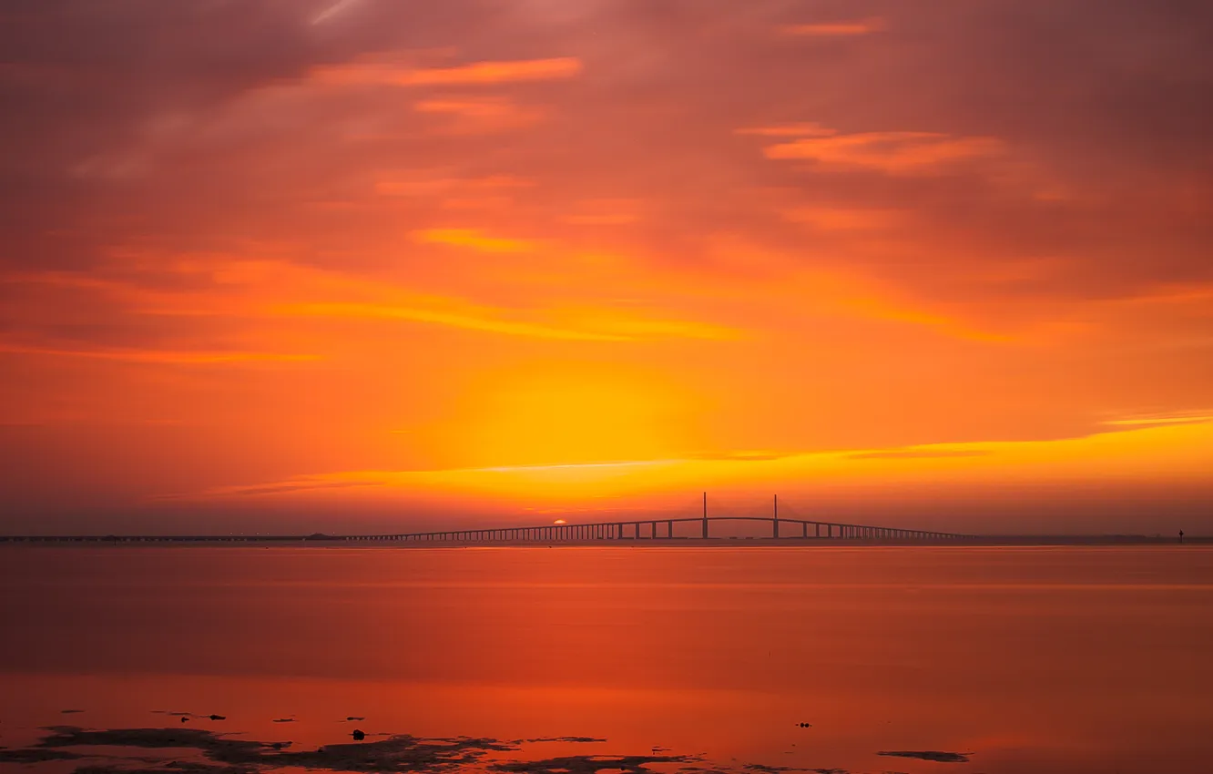 Фото обои мост, океан, рассвет, Florida, Skyway Bridge, Fort de Soto