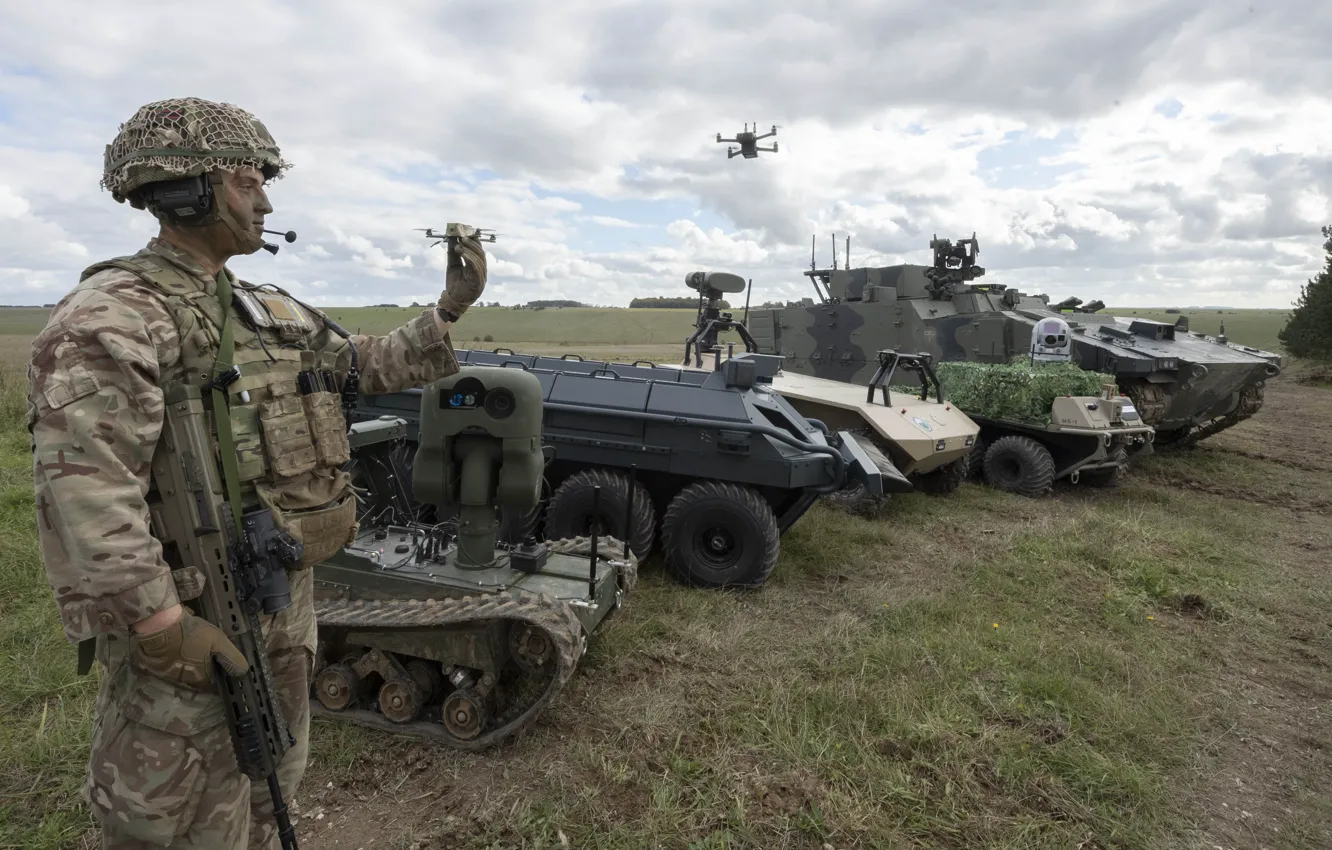 Фото обои Солдат, Future Soldier, British Army, Британская армия, Беспилотные летательные аппараты, Air defence, Logistical support, Материально-техническая …