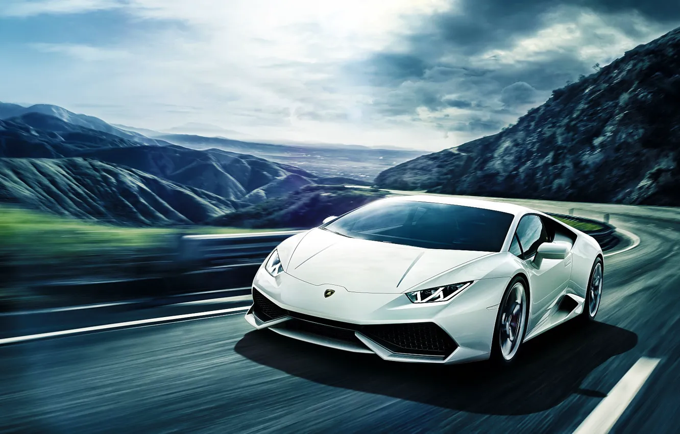 Фото обои Lamborghini, Front, Mountain, White, Road, Supercar, Huracan, LP640-4