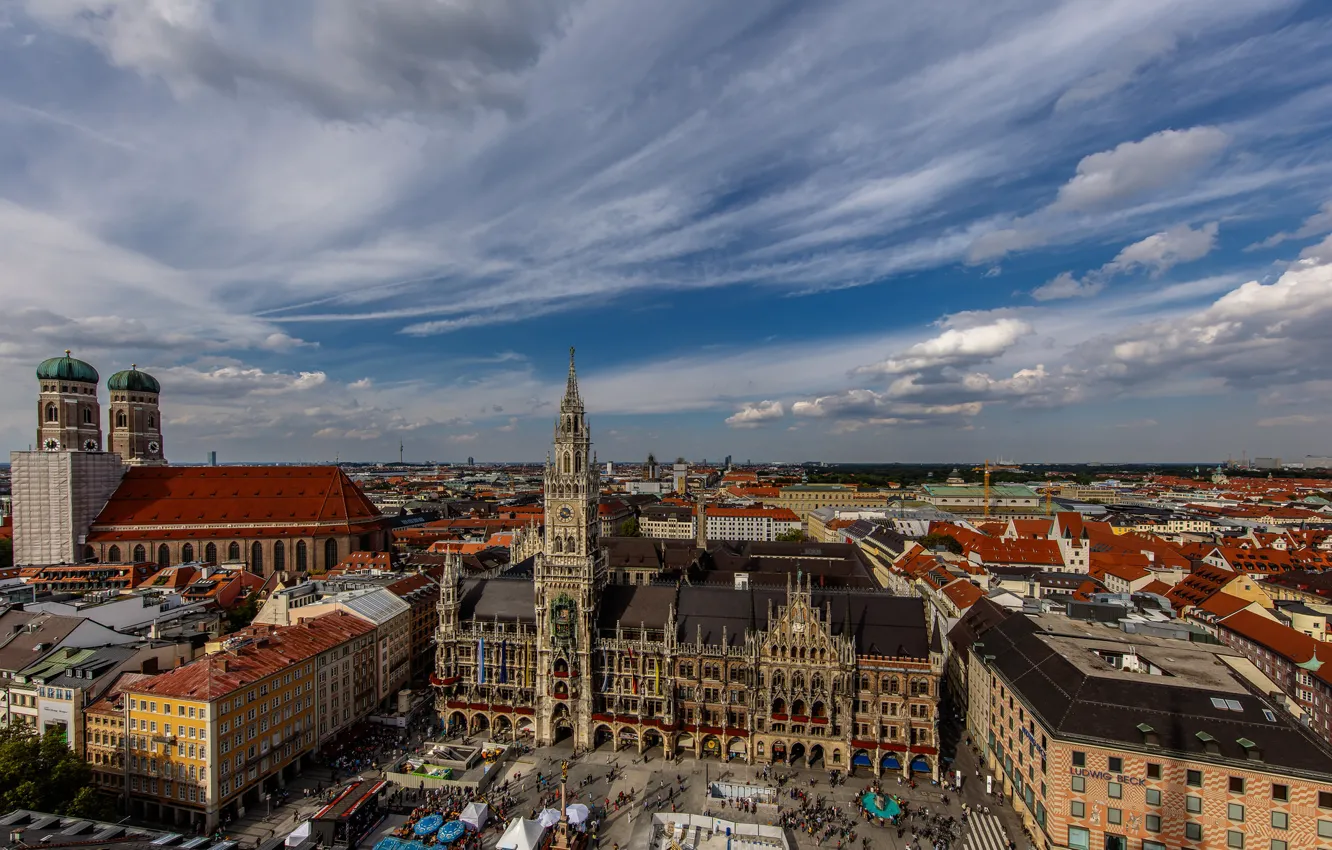Фото обои Германия, Мюнхен, панорама, ратуша, Мариенплац