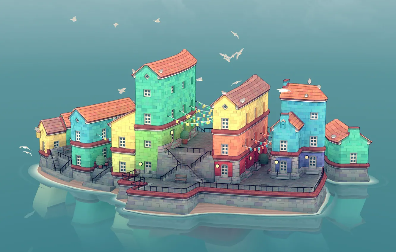 Фото обои вода, город, океан, корабль, чайки, Townscaper