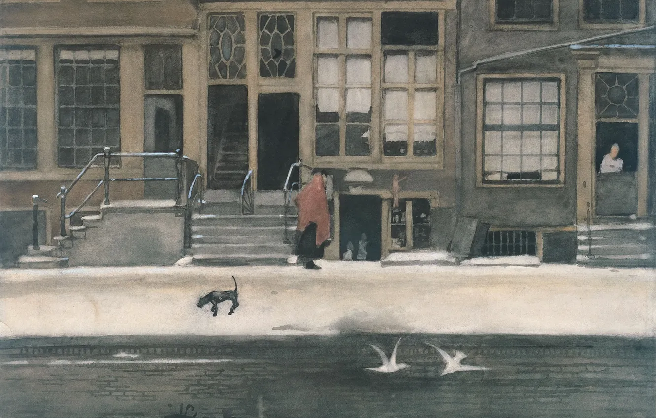 Фото обои рисунок, акварель, 1919, Willem Witsen, Виллем Витсен, Канал Kromboomsloot в Амстердаме