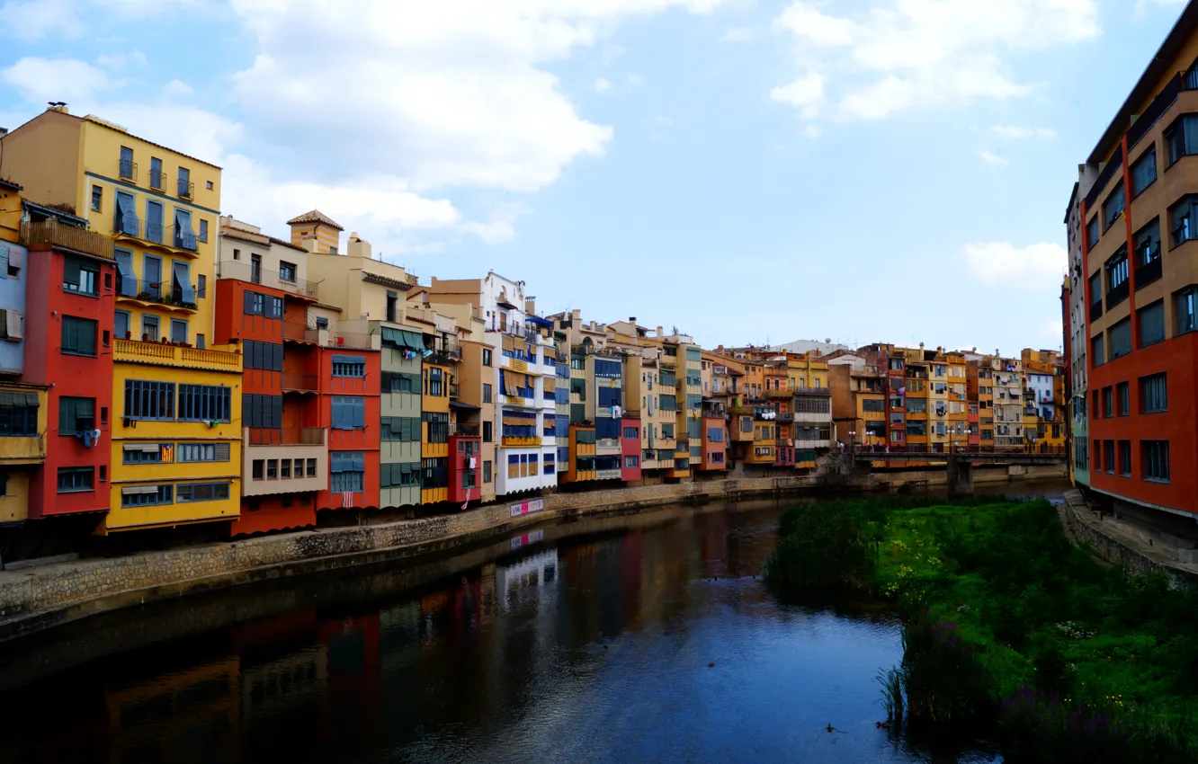 Фото обои река, дома, Испания, Каталония, Жирона