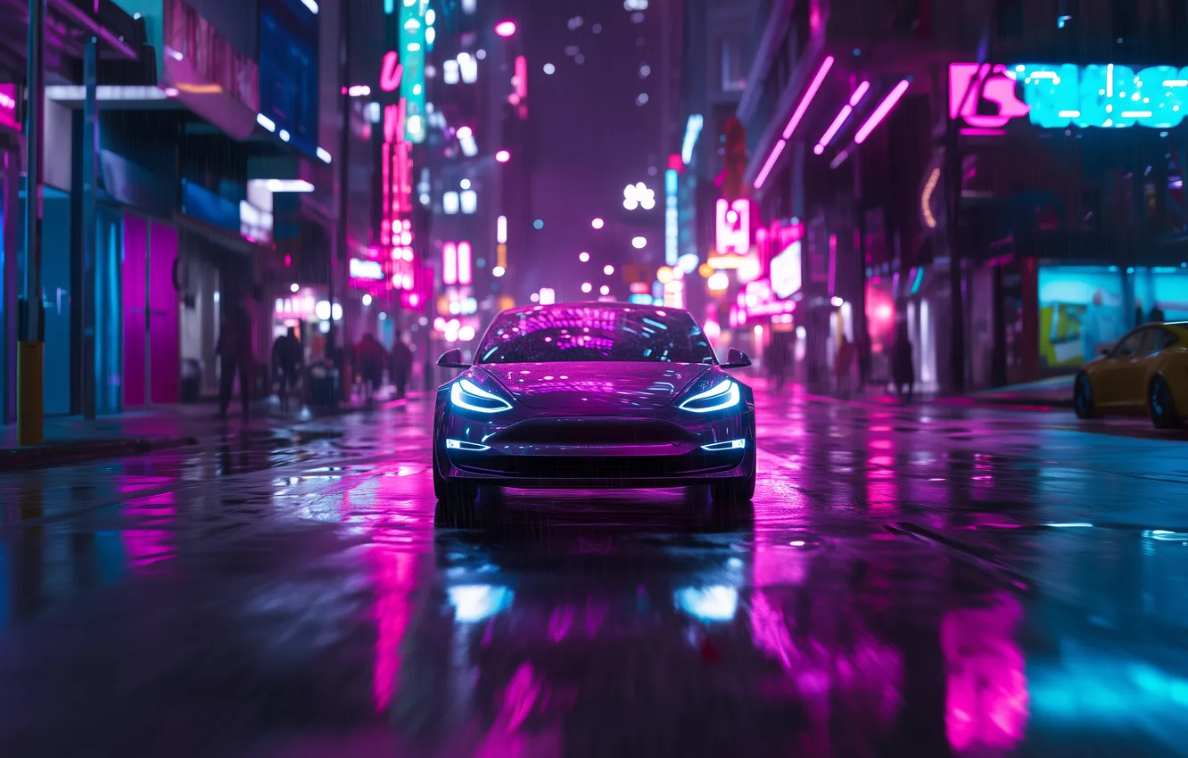 Фото обои car, night, city lights, neon, purple, driving, headlights, motion blur